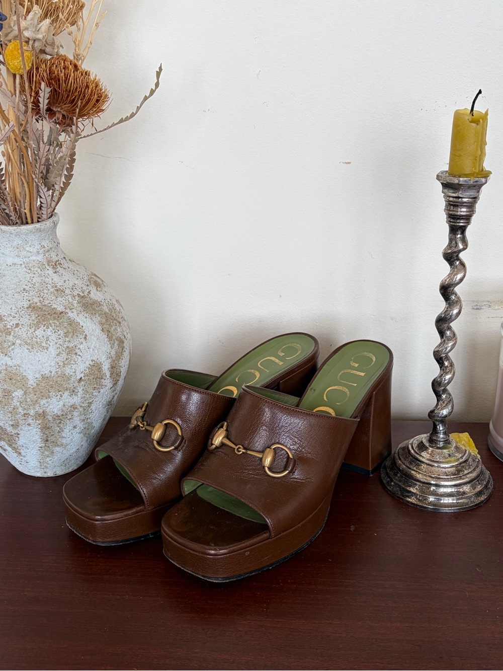 Gucci Brown Leather Horsebit Platform Mules with Green Insole